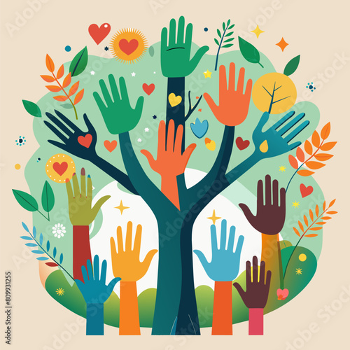 Giving and social responsibility concept illustration with colorful hands and a tree. Diverse community and the values of philanthropy, humanitarianism, and charity. photo