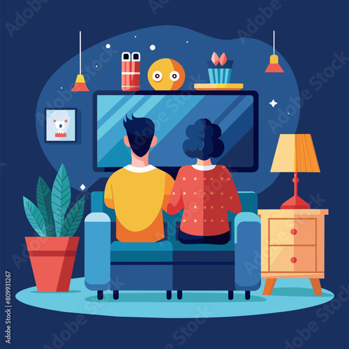 Authentic couple spending time at home, sitting on a couch and watching latest blockbuster on flat screen television set