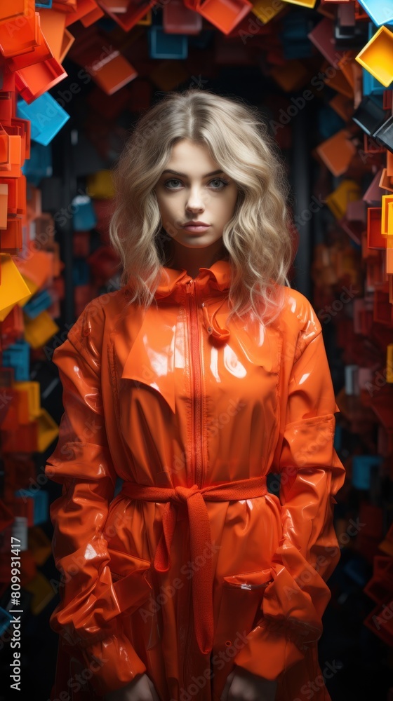 Stylish Young Woman in Vibrant Orange Raincoat Against Colorful Geometric Background