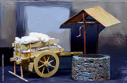 alter Pferdekarren und Brunnen