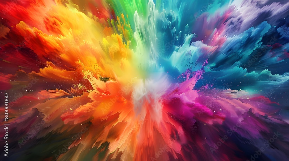 An abstract explosion of rainbow colors blending and overlapping in a digital art style, captured with an 8k camera, ratio