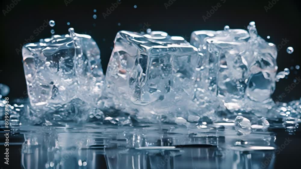 A group of ice cubes being splashed with water, creating a refreshing and dynamic scene. A group of ice cubes being splashed with water, creating a refreshing and dynamic scene.