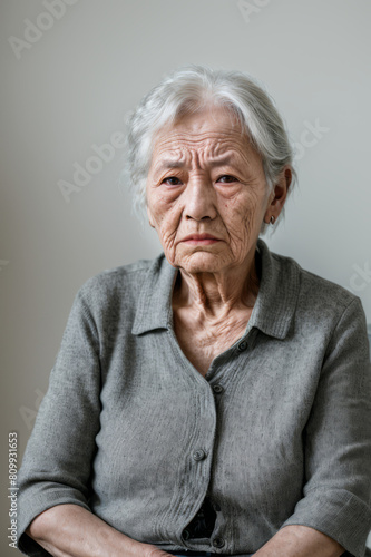 Lonely senior adult asian japanese divorced woman with wrinkled skin