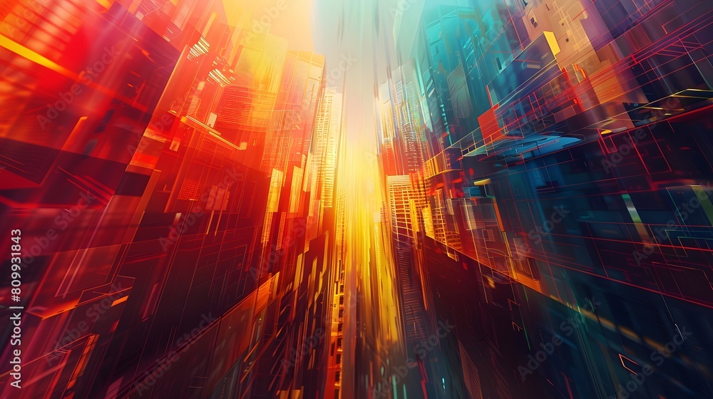 An abstract interpretation of cityscapes, featuring sharp, linear structures and vibrant urban colors, captured with an 8k camera, ratio