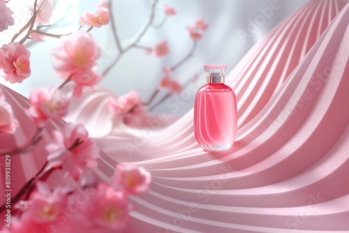 A bright pink jar with shower gel stands out against a pink background of flowers, giving the bathroom a delicate aroma and a joyful mood