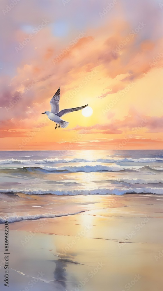 Naklejka premium Early morning on the beach with watercolor shades of lavender and soft gold.
