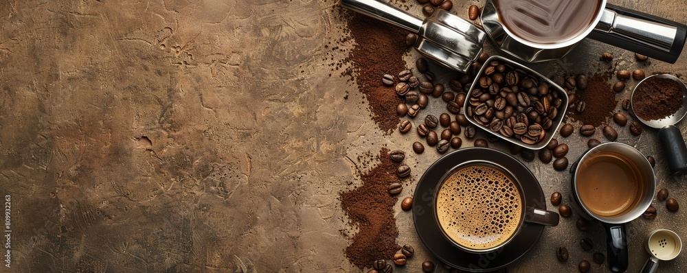 Obraz Barista tools, including a tamper, coffee beans, and espresso machine parts, on a cafe counter background Designed with text space on the bottom