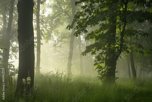 Summer or autumn forest landscape, morning fog or mist, green trees