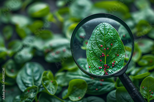 “Magnified Nature” A magnifying glass reveals red mites on vibrant green leaves, Bacteria and germs on vegetables and the health risk of ingesting contaminated green food.