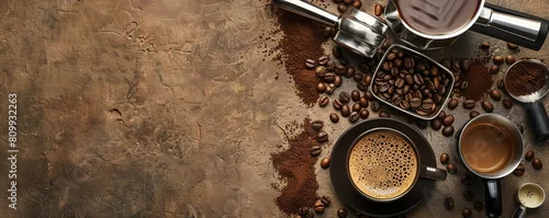 Obraz Barista tools, including a tamper, coffee beans, and espresso machine parts, on a cafe counter background Designed with text space on the bottom