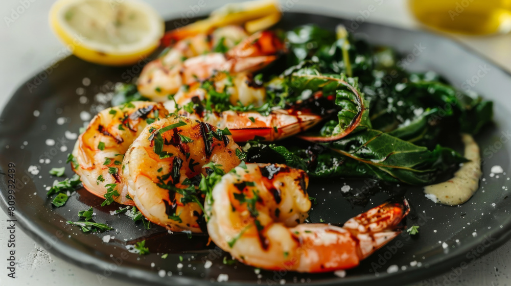 Grilled shrimp with herb seasoning and fresh greens, a taste of authentic croatian seafood cuisine Grilled shrimp with herb seasoning and fresh greens, a taste of authentic croatian seafood cuisine