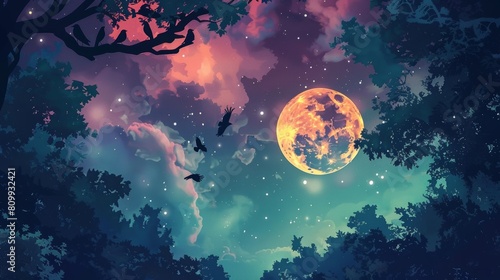 Illustration of pink and yellow moon, stars, and child in dark forest with big birds