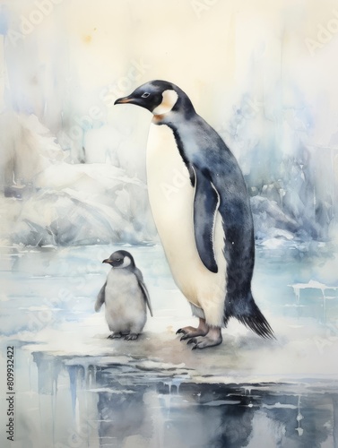Mother penguin and chick standing on an icy landscape.