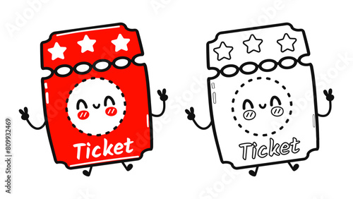 Funny cute happy Cinema ticket characters bundle set. Vector hand drawn cartoon kawaii character illustration icon. Cute Cinema ticket. Outline cartoon illustration for coloring book