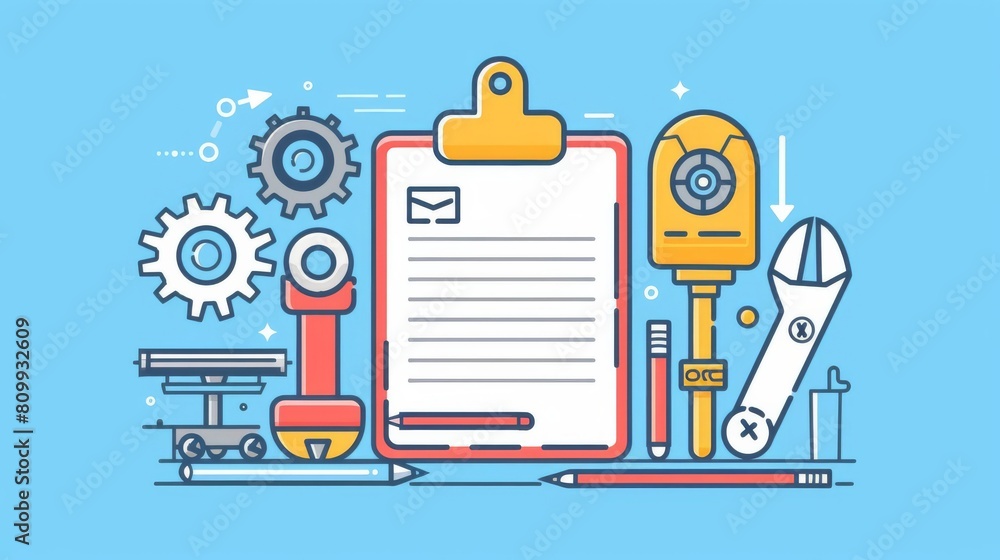 Icon of a clipboard with both industrial tools and office supplies ...