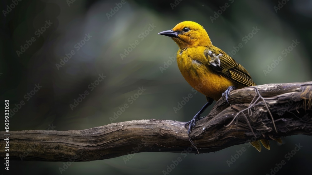 Wildlife Photography: Female Eurasian Golden Oriole Sitting on a Dark Branch in the Forest, Close Wildlife Photography: Female Eurasian Golden Oriole Sitting on a Dark Branch in the Forest, Close