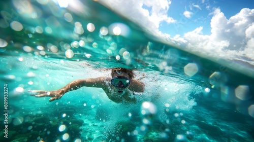 A person wearing a mask swimming in the ocean.