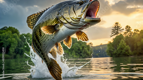 a dramatic moment of a large fish leaping out of the water, with its scales glistening in the sunlight and water droplets splashing around, set against a tranquil background of trees and a soft, golde