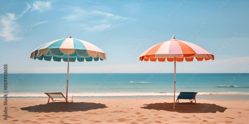 Two beach umbrellas sitting on top of a sandy beach. 4K Video Two beach umbrellas sitting on top of a sandy beach. 4K Video