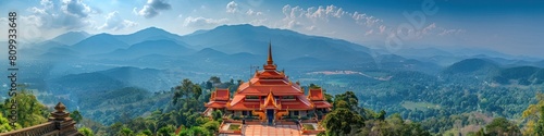 Majestic Buddhist Temple Nestled Atop Lush Hilltop with Sweeping Panoramic Vistas in Thailand