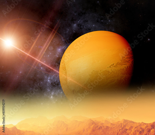 Sci-fi landscape. Exoplanet seen from one of its moons. Satellites of an extraterrestrial planet. Clouds and atmosphere of a moon near a planet. 3d