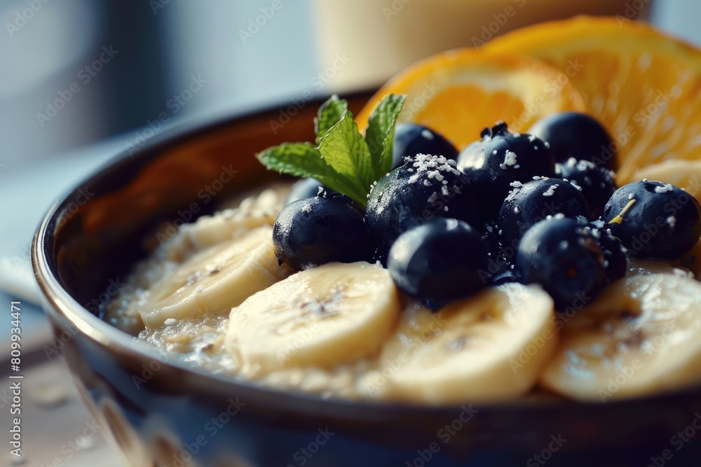 Steel Cut Oat Porridge with Banana, Blueberry and Fresh Orange for a Breakfast Hot Drink Steel Cut Oat Porridge with Banana, Blueberry and Fresh Orange for a Breakfast Hot Drink