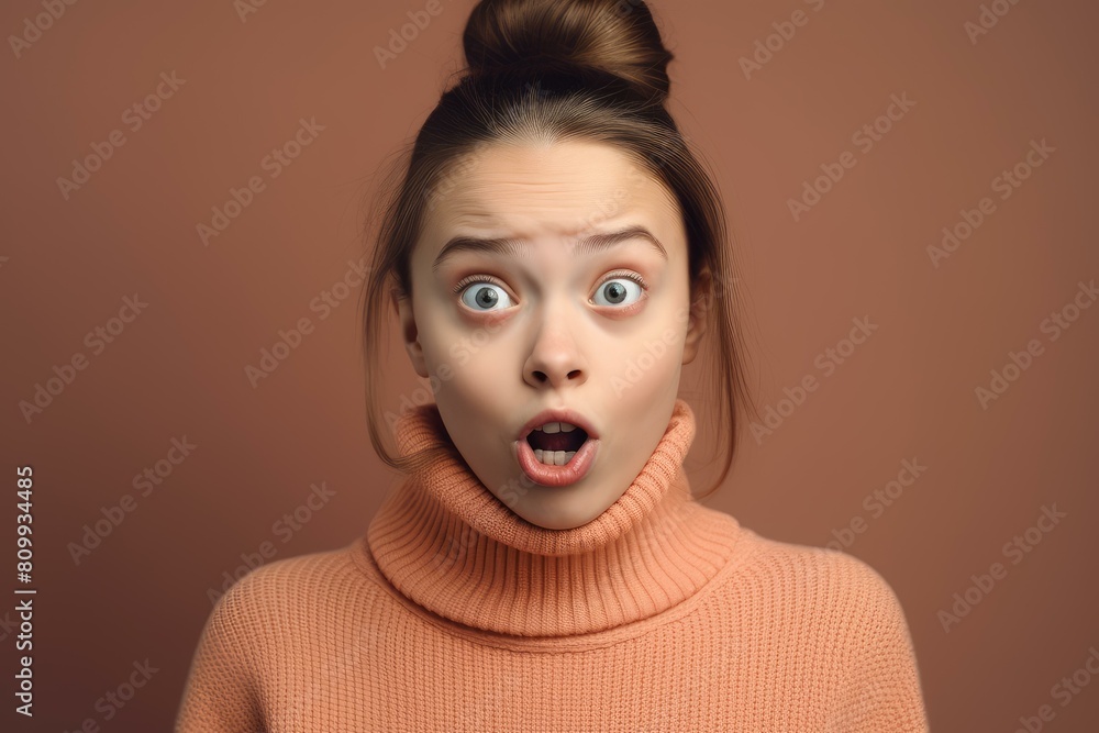 Portrait of a shocked young lady with hair bun in a peach sweater against a brown backdrop Portrait of a shocked young lady with hair bun in a peach sweater against a brown backdrop