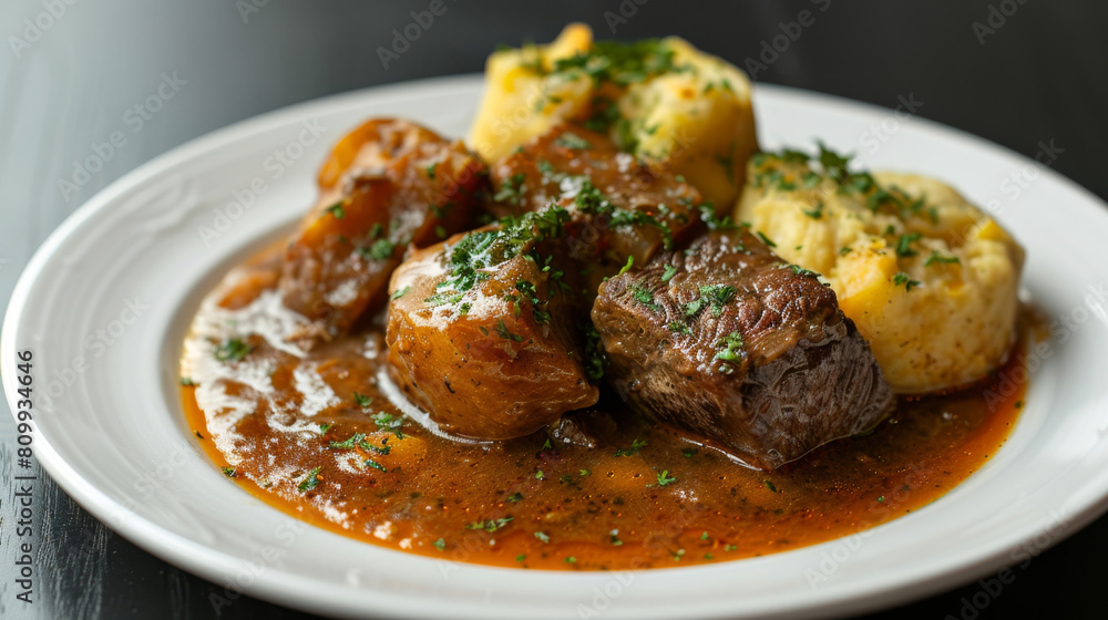 Traditional croatian beef stew with fluffy dumplings and fresh parsley on a white plate, showcasing european culinary heritage Traditional croatian beef stew with fluffy dumplings and fresh parsley on a white plate, showcasing european culinary heritage
