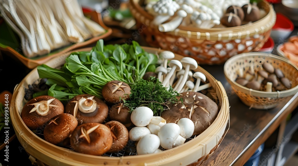 Rustic and Cozy Shabu-Shabu Feast with Variety of Fresh Vegetables and Mushrooms Rustic and Cozy Shabu-Shabu Feast with Variety of Fresh Vegetables and Mushrooms