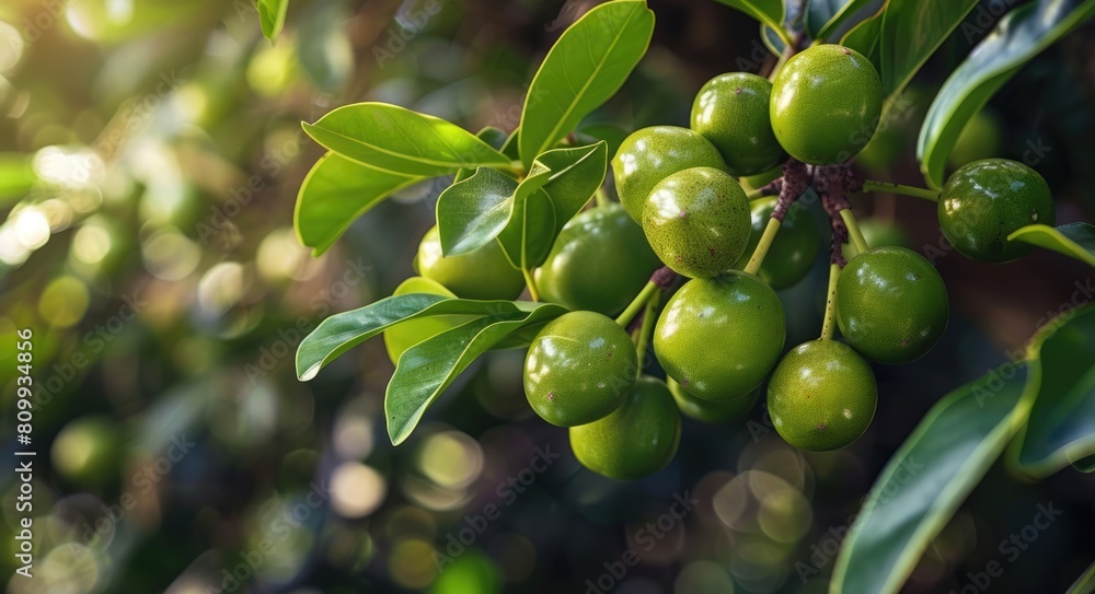 Tamanu Fruit in Nature Background. Fresh Raw Green Fruit of Calophyllum Inophyllum, Popular