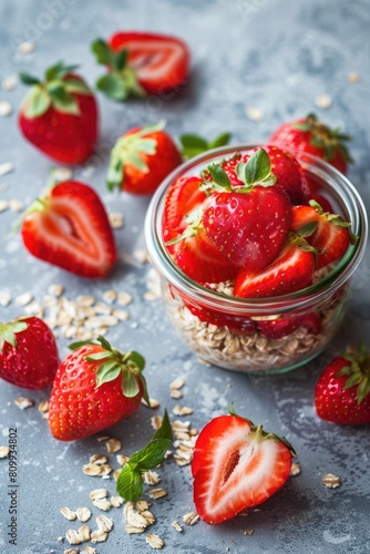 Strawberry Overnight Oats in a Jar on Concrete Background. Healthy and Nourishing Breakfast