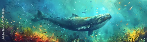 Illustrate mythical creatures in a captivating side view underwater kingdom