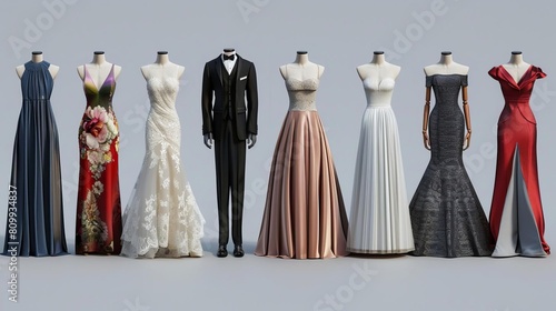Illustrate the elegance of formalwear with lifelike 3D models of wedding dresses, tuxedos, and evening gowns, tailored to the couples style