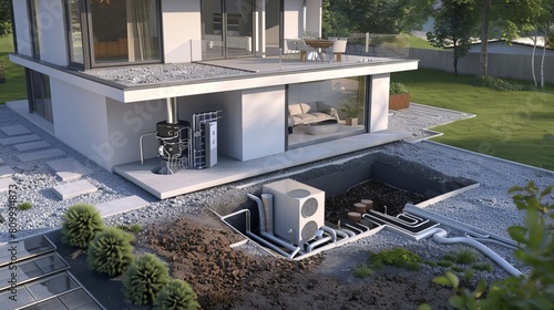 3D illustration of a ground source heat pump system, demonstrating a sustainable energy solution