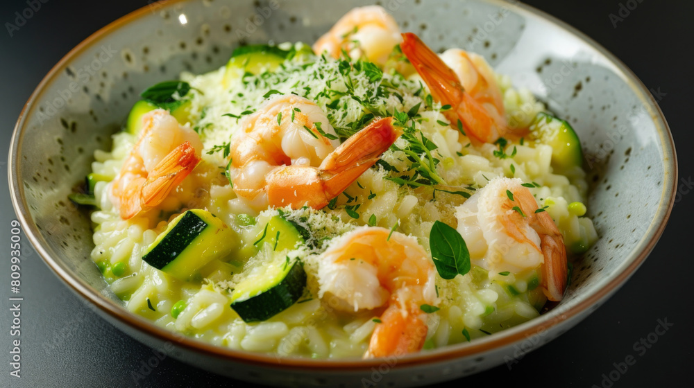 Delicious creamy risotto with succulent shrimp, fresh zucchini, and croatian culinary delights, garnished with herbs Delicious creamy risotto with succulent shrimp, fresh zucchini, and croatian culinary delights, garnished with herbs