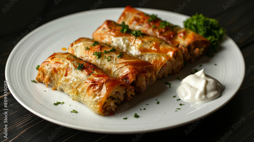 Sarma - traditional croatian stuffed cabbage rolls served with sour cream on a white plate against a dark backdrop