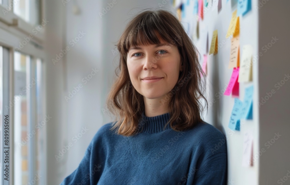 Confident Woman in Blue Sweater: Modern Office Portrait Confident Woman in Blue Sweater: Modern Office Portrait