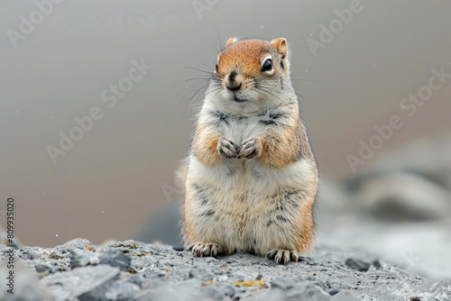 Standing Arctic Ground Squirrel in Kamchatka near Tolbachik Volcano. Close-up portrait of funny photo