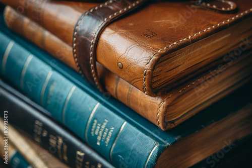Leather-bound journal among academic books close-up on personal wisdom alongside formal education 