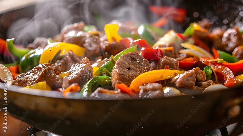 Vibrant and Steaming Wok-Seared Pork Stir-Fry with Colorful Bell Peppers and Onions,a Delicious Vibrant and Steaming Wok-Seared Pork Stir-Fry with Colorful Bell Peppers and Onions,a Delicious
