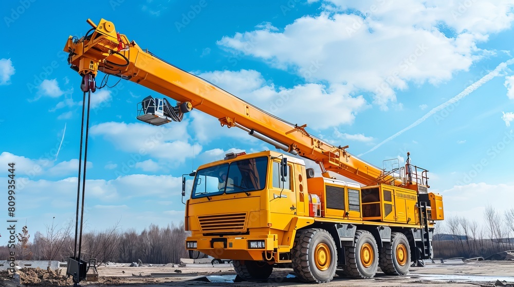 A yellow automobile crane with its telescopic boom raised, set outdoors under a blue sky A yellow automobile crane with its telescopic boom raised, set outdoors under a blue sky