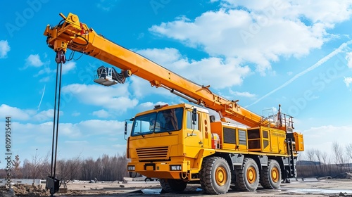 A yellow automobile crane with its telescopic boom raised, set outdoors under a blue sky photo