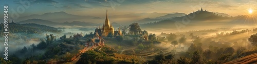 Panoramic Hilltop Sanctuary of Wat Phra That Mae Yen Bathed in Ethereal Golden Glow at Sunrise or photo