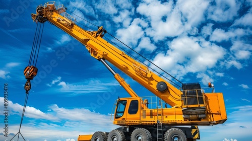 A yellow automobile crane with its telescopic boom raised, set outdoors under a blue sky photo