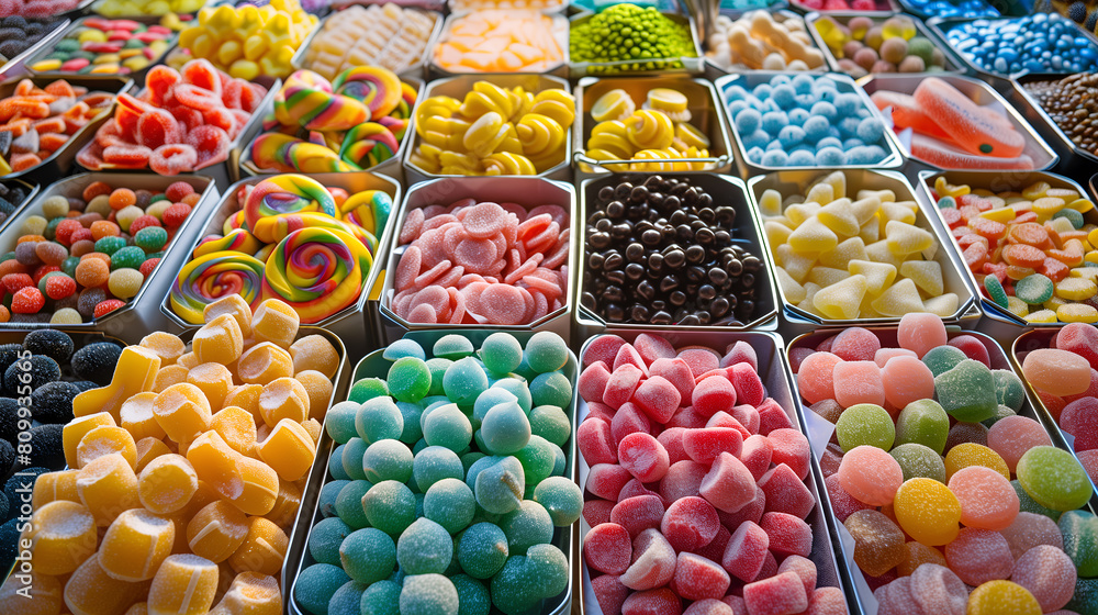 Various candies, gummy jellies, lolly, etc arranged in compartments Various candies, gummy jellies, lolly, etc arranged in compartments