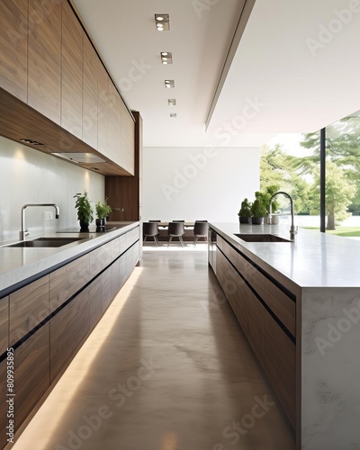 Modern kitchen with sleek design and large empty countertop