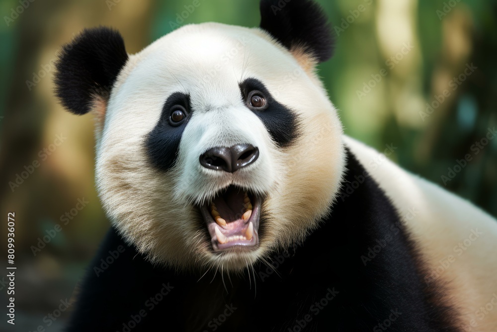 Naklejka premium Detailed close-up image capturing the expressive face of a giant panda in its natural environment