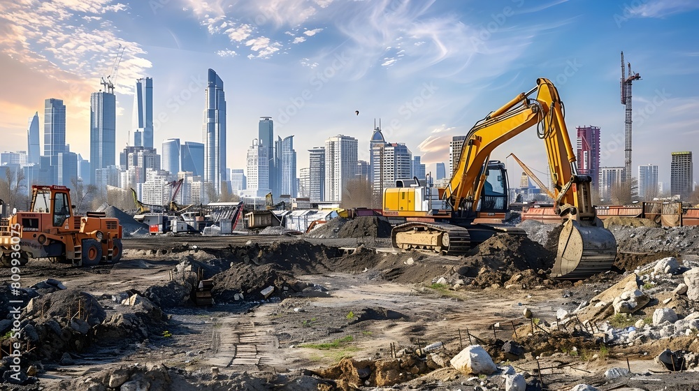 Bustling Urban Construction Site with Towering Skyline in the Background Bustling Urban Construction Site with Towering Skyline in the Background