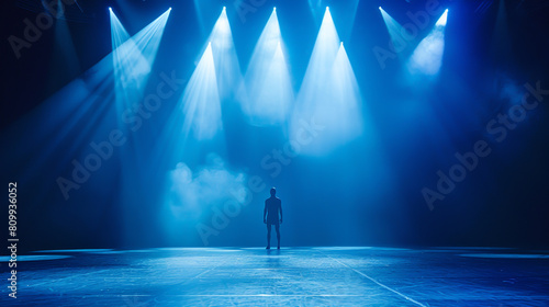 A lone woman standing on an empty stage  illuminated by spotlights in the dark blue backgroundA lone woman standing on an empty stage  illuminated by spotlights in the dark blue background