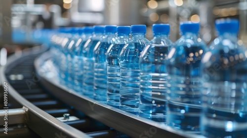 Production of bottling clean water at a production plant. Conveyor with water bottles.	
